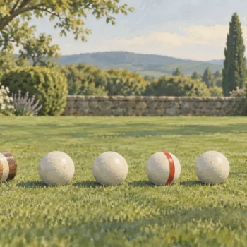 A croquet mallet rests beside identical balls on the same flat strip of lawn