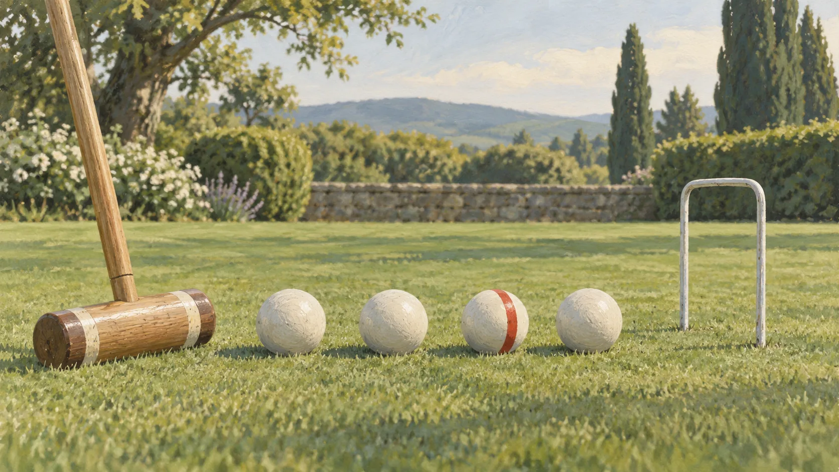 A croquet mallet rests beside identical balls on the same flat strip of lawn