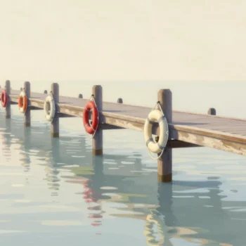 A row of identical lifebuoy rings hung on posts along a wooden harbor pier, the nearest one vermilion.