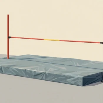 A red high-jump bar hanging at a slant, one end still on its peg and the other on the landing mat