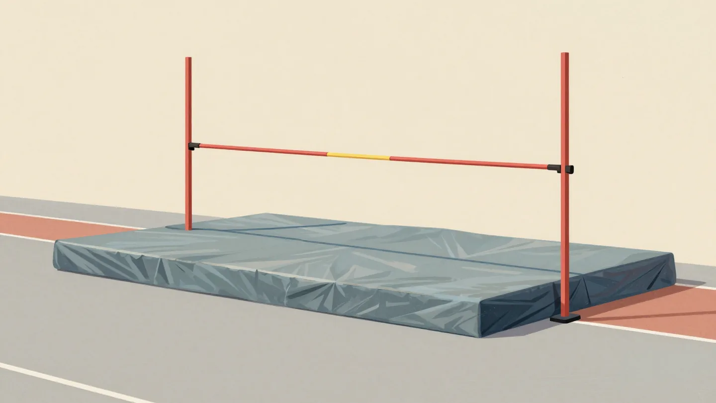A red high-jump bar hanging at a slant, one end still on its peg and the other on the landing mat