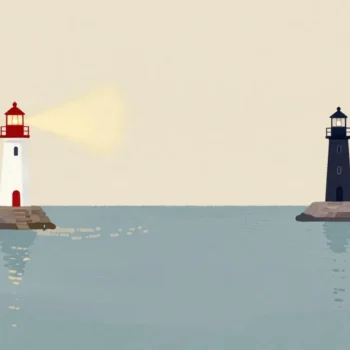 Two lighthouses on separate headlands at dusk, one lamp lit and one dark but ready.