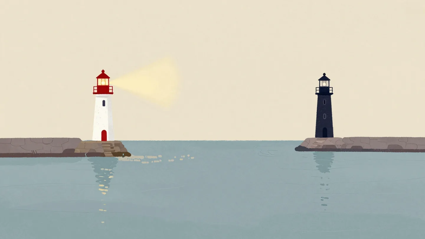 Two lighthouses on separate headlands at dusk, one lamp lit and one dark but ready.