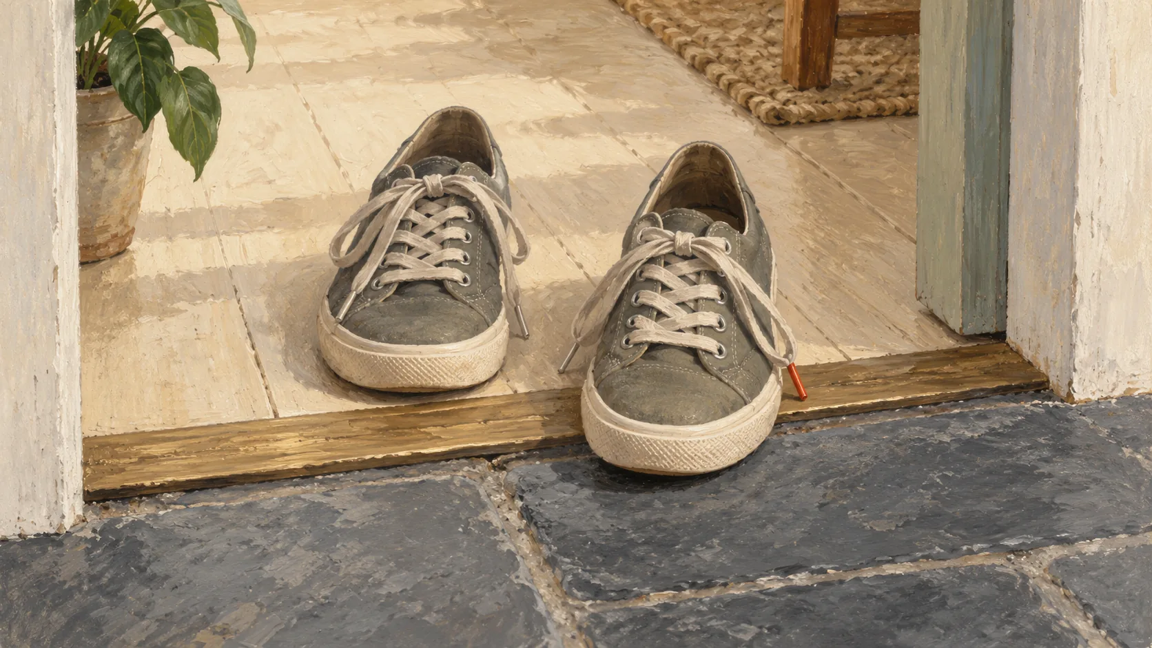 Two shoes sit immediately on opposite sides of a narrow doorway threshold strip