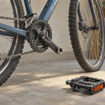 A bicycle pedal is detached beside the bicycle while its chain and other connected parts remain visible