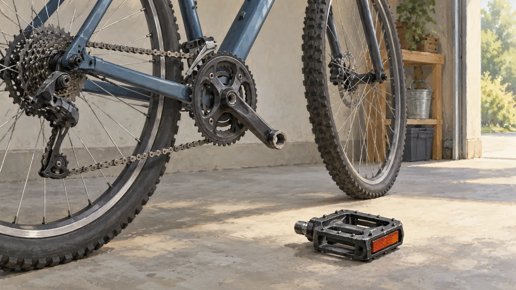 A bicycle pedal is detached beside the bicycle while its chain and other connected parts remain visible