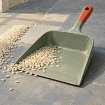 A dustpan collects spilled grain beside one of two intact neighboring strips