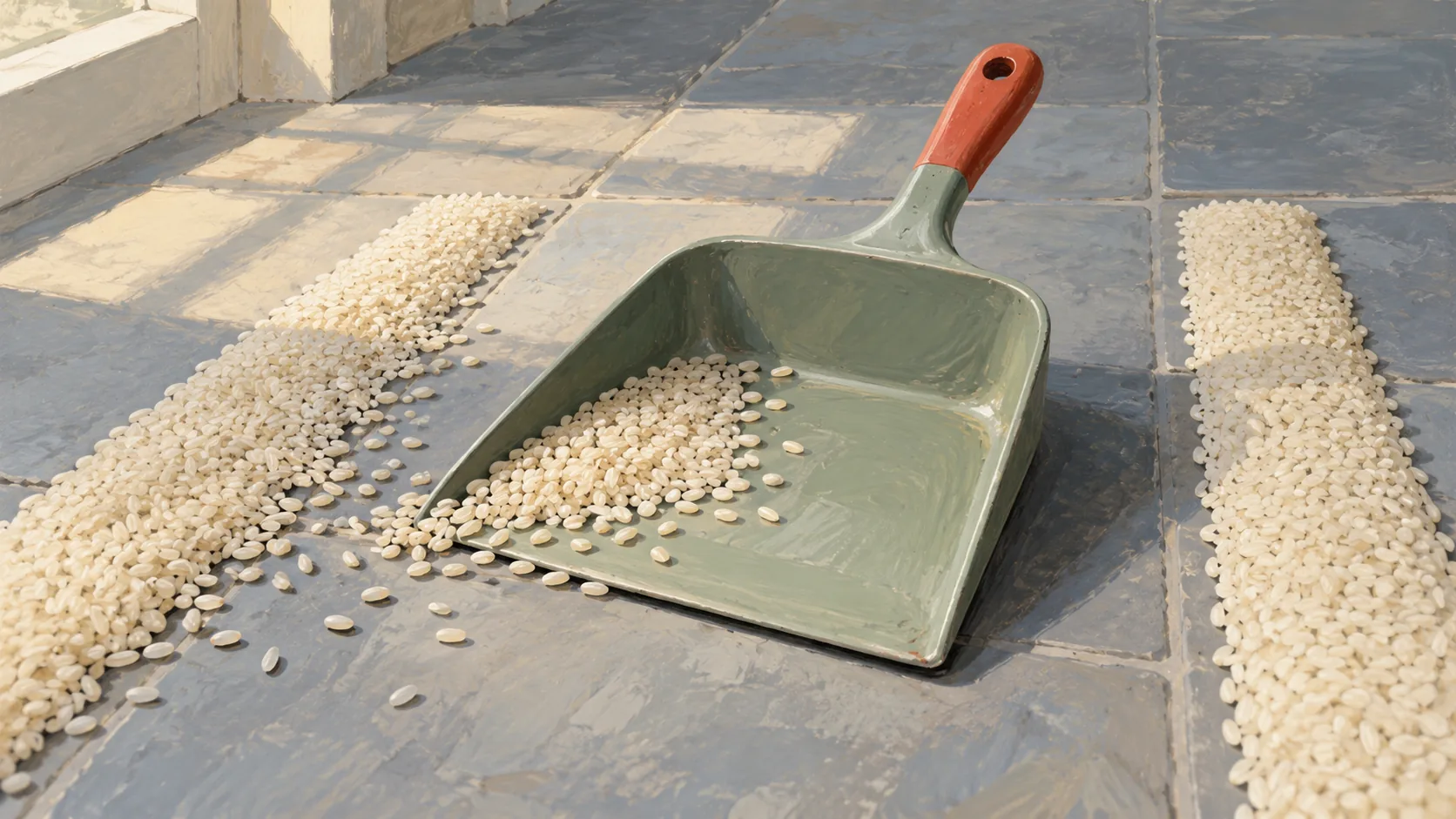 A dustpan collects spilled grain beside one of two intact neighboring strips