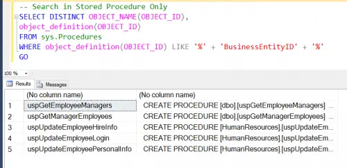 SSMS query on sys.procedures finding stored procedures that use BusinessEntityID