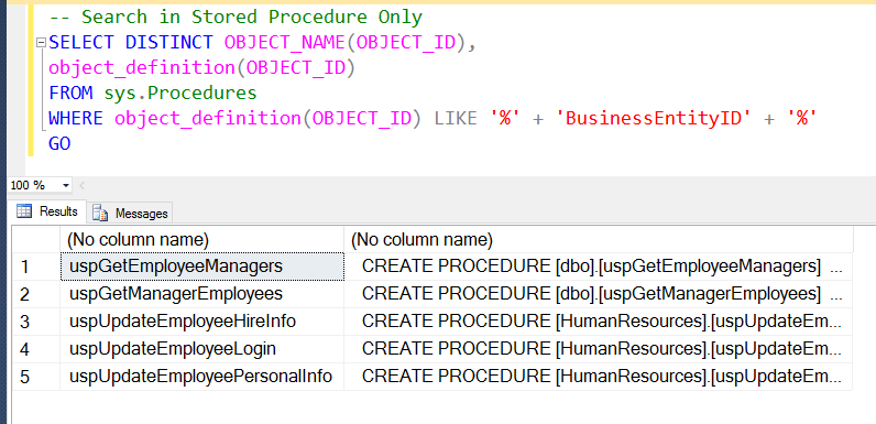 sql prompt search for columns