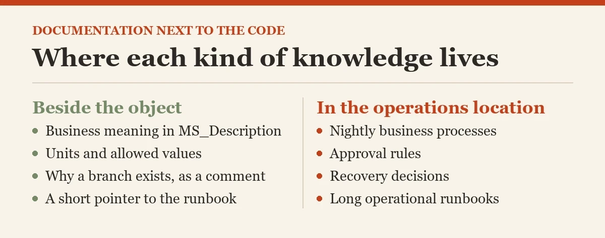 Where each kind of knowledge lives: a checklist on the database documentation