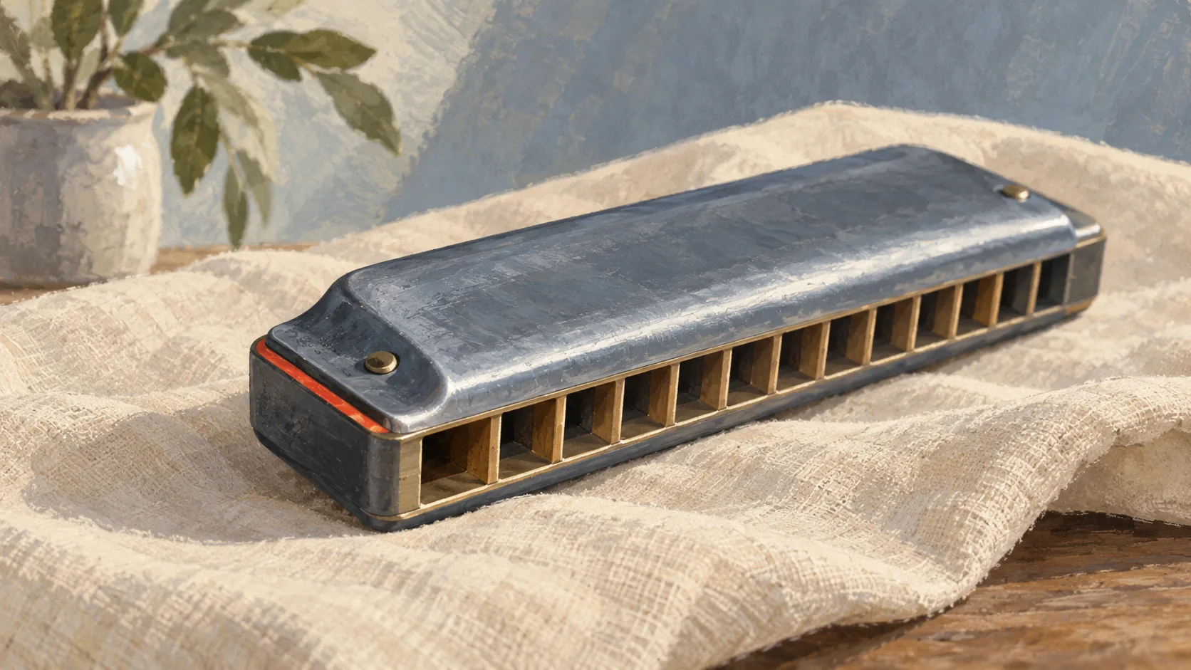 A harmonica exposes separate chambers from one end, with a small vermilion accent on its casing