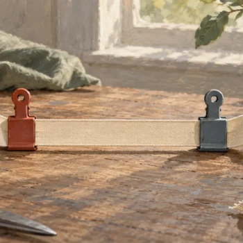 A narrow fabric tape stretches between two fixed clips with cloth extending outside both ends