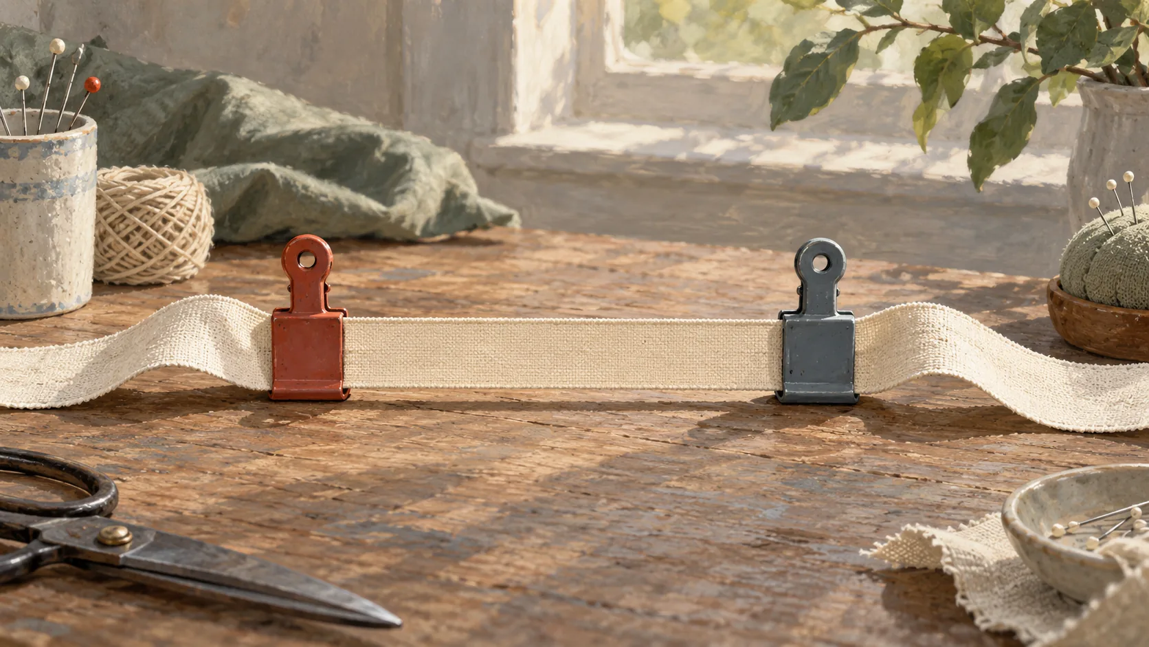 A narrow fabric tape stretches between two fixed clips with cloth extending outside both ends
