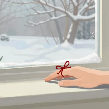 A hand on a frosty windowsill with a red thread tied around one finger, snow and early snowdrops outside