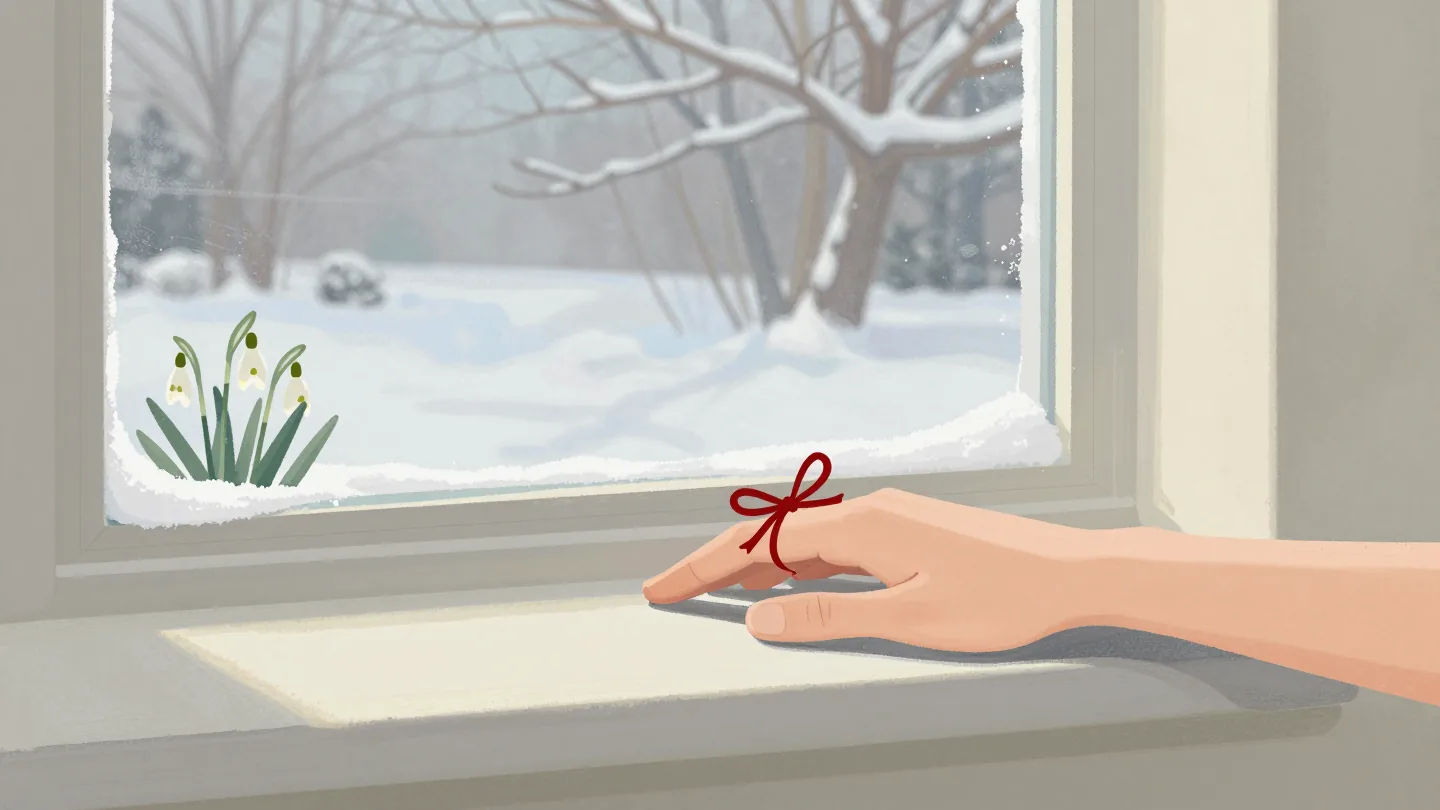 A hand on a frosty windowsill with a red thread tied around one finger, snow and early snowdrops outside