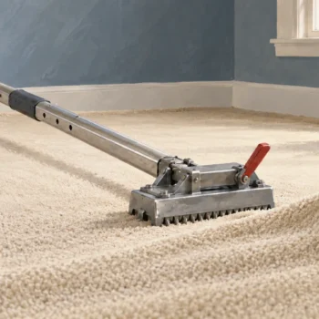 A carpet stretcher pulls ripples flat while the carpet remains uncut and keeps its existing edges