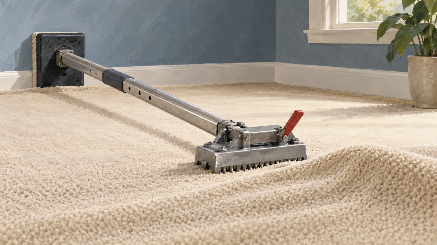 A carpet stretcher pulls ripples flat while the carpet remains uncut and keeps its existing edges