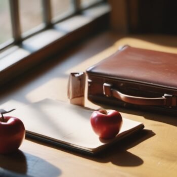 Work briefcase beside new notebooks and an apple on a classroom desk