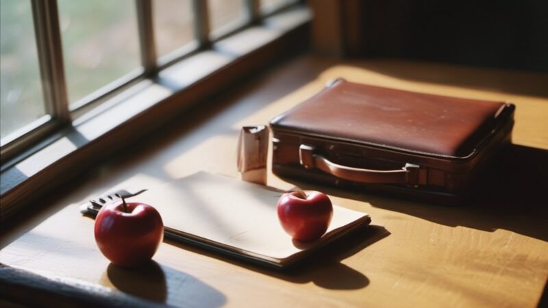 Work briefcase beside new notebooks and an apple on a classroom desk