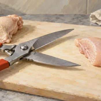 Open poultry shears sit around an empty gap beside a cut piece of chicken on a clean board