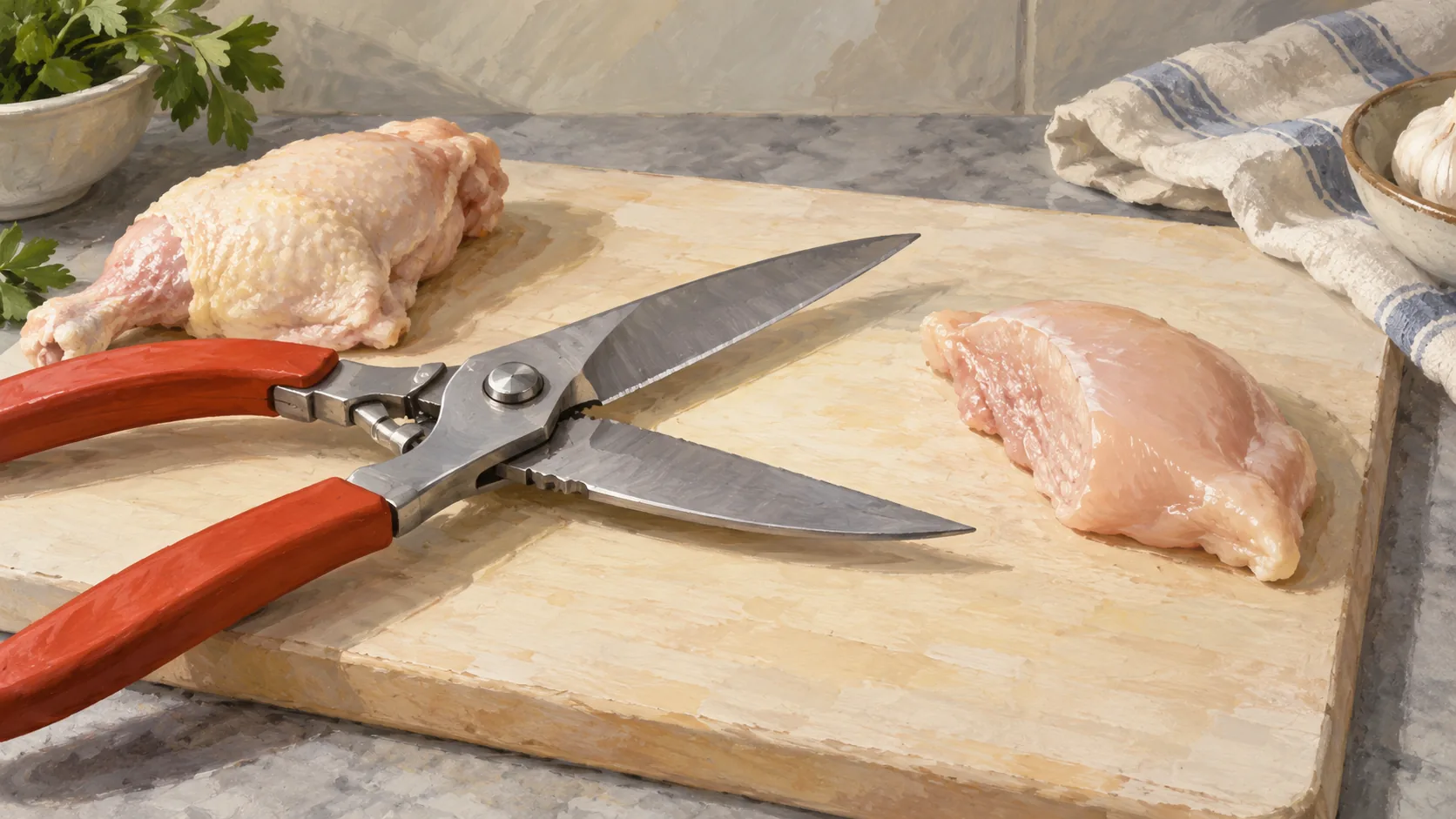 Open poultry shears sit around an empty gap beside a cut piece of chicken on a clean board