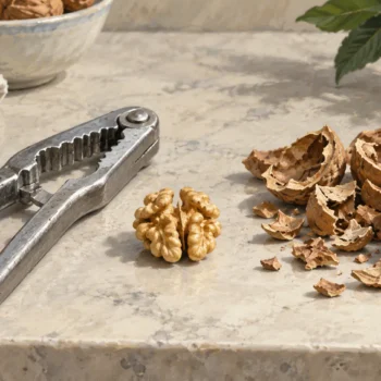 A nutcracker rests beside one walnut kernel and a much larger collection of its cracked shell pieces