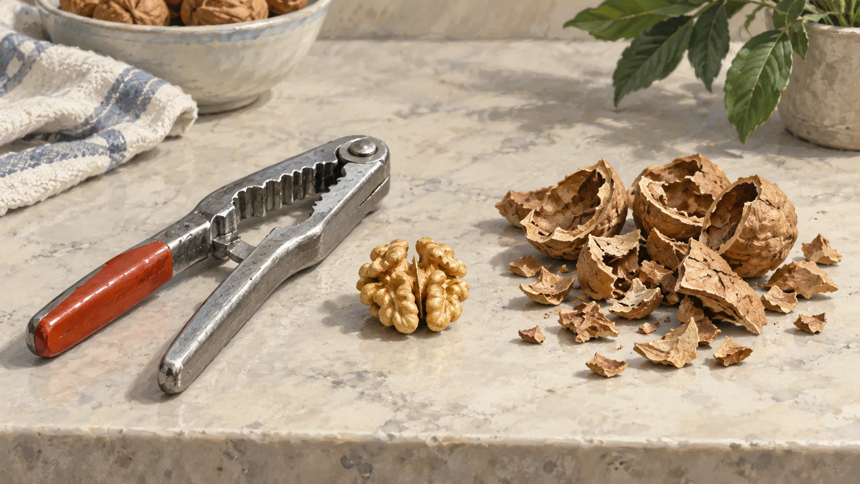 A nutcracker rests beside one walnut kernel and a much larger collection of its cracked shell pieces