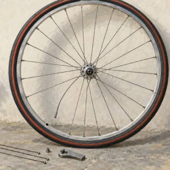 A bicycle wheel leans on a wall with one bent spoke, while loose spokes and a spoke key lie on the floor