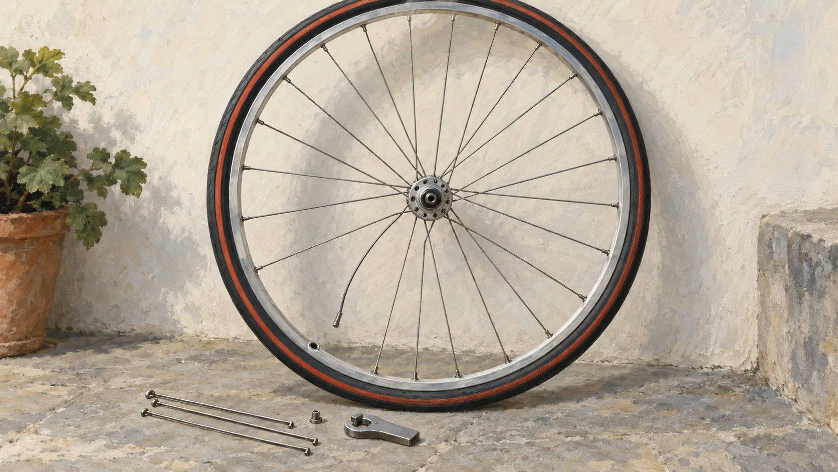 A bicycle wheel leans on a wall with one bent spoke, while loose spokes and a spoke key lie on the floor