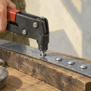 A riveting tool aligns a new rivet with existing holes that preserve the old fastening positions