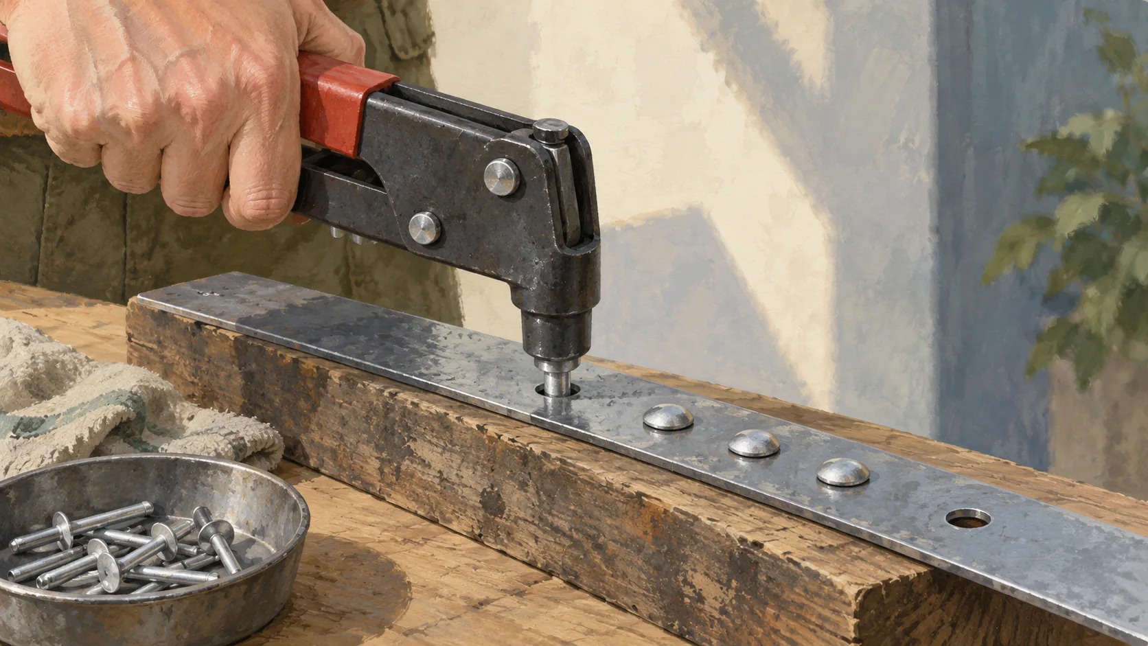 A riveting tool aligns a new rivet with existing holes that preserve the old fastening positions