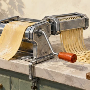 A pasta roller holds fixed rollers while dough must pass through successive connected stages