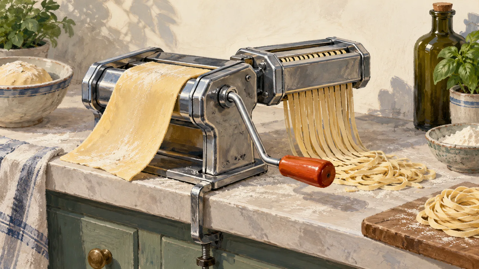 A pasta roller holds fixed rollers while dough must pass through successive connected stages