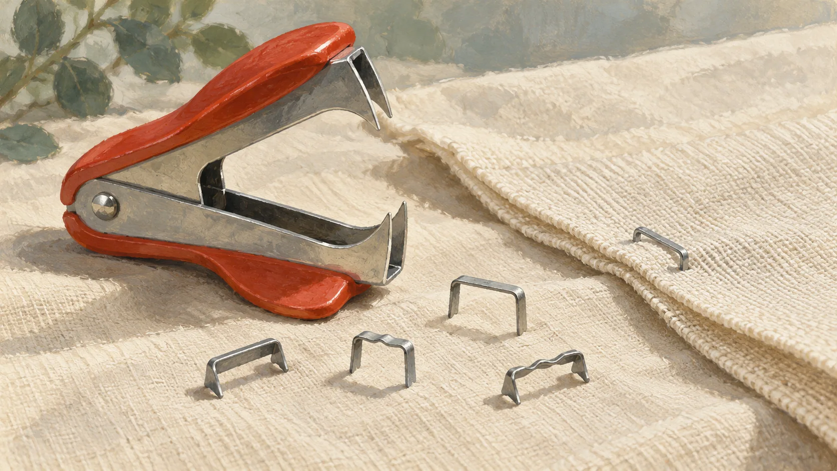 A staple remover exposes different metal staple shapes beside one intact fastening