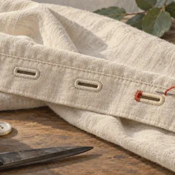 A strip of stitched buttonholes shows distinct gaps between successive openings in cream cloth