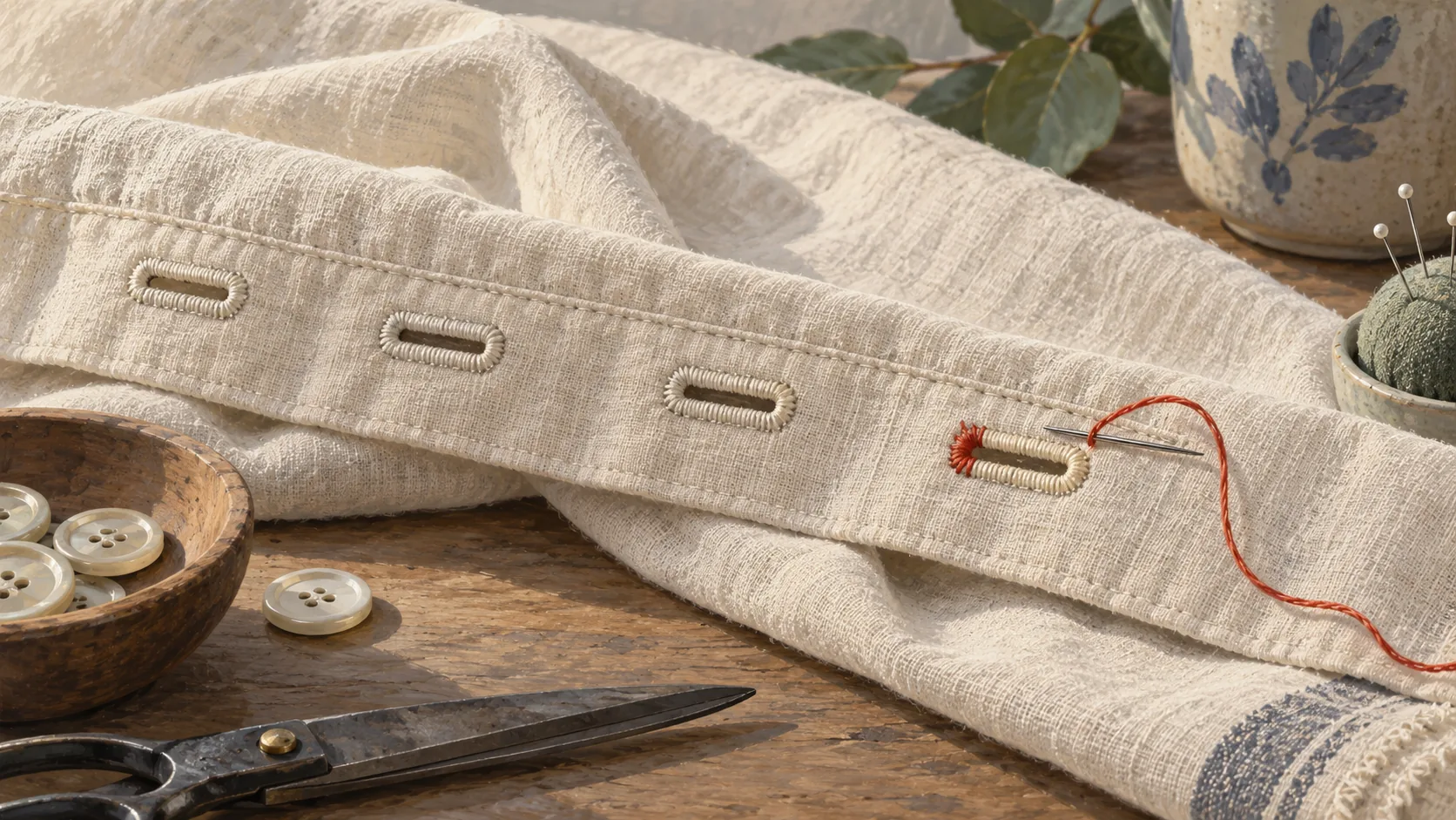 A strip of stitched buttonholes shows distinct gaps between successive openings in cream cloth