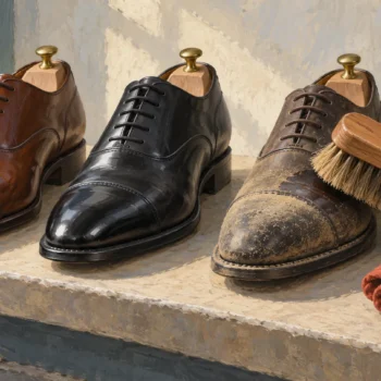 Two clean leather shoes beside a dusty shoe being brushed