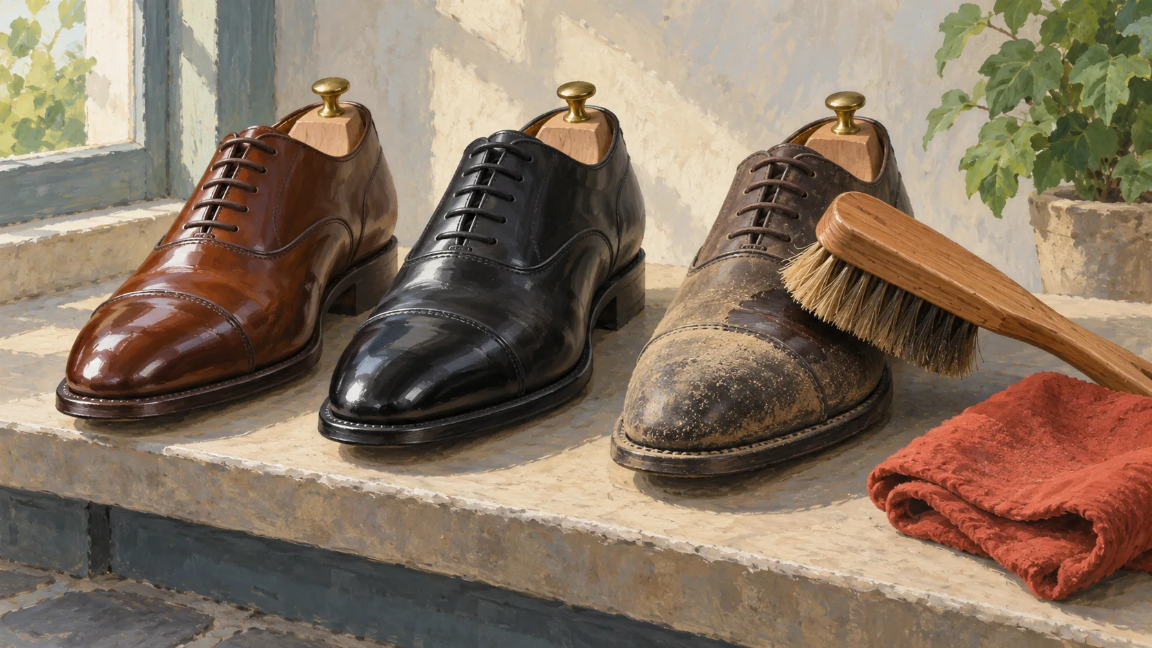 Two clean leather shoes beside a dusty shoe being brushed