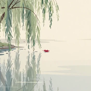 A willow swaying in the wind above a pond, its reflection trailing slightly behind the real branches.