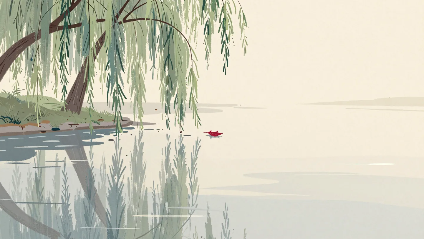 A willow swaying in the wind above a pond, its reflection trailing slightly behind the real branches.