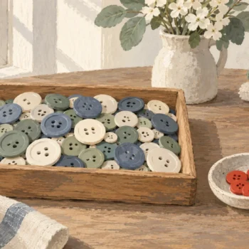 Gouache painting of a tray of mixed buttons on a sewing table, with a few matching vermilion buttons set apart in a small dish.
