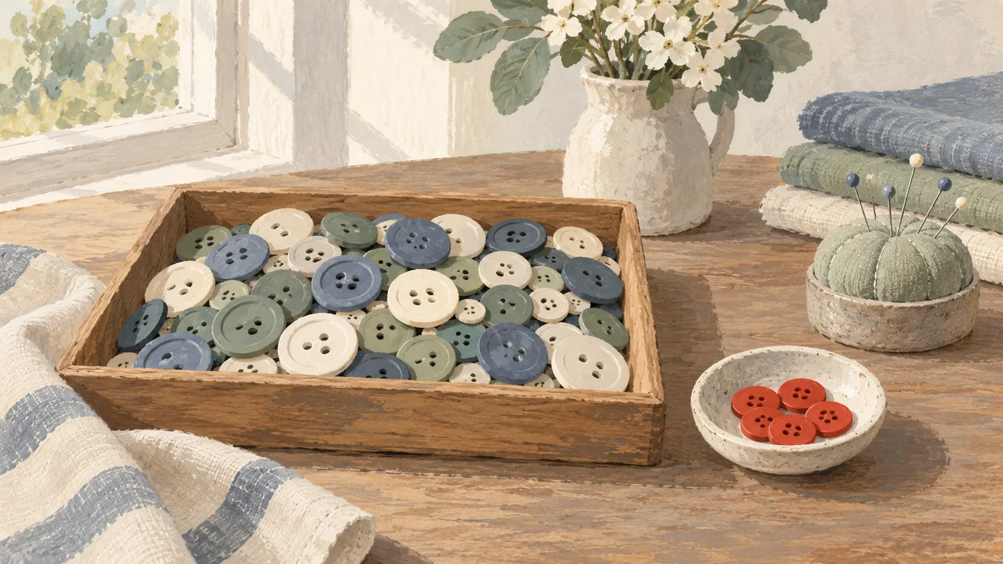 Gouache painting of a tray of mixed buttons on a sewing table, with a few matching vermilion buttons set apart in a small dish.