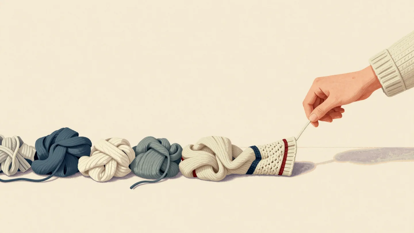 A hand pulling a loose strand as a knitted sweater unravels row by row into a pile of yarn
