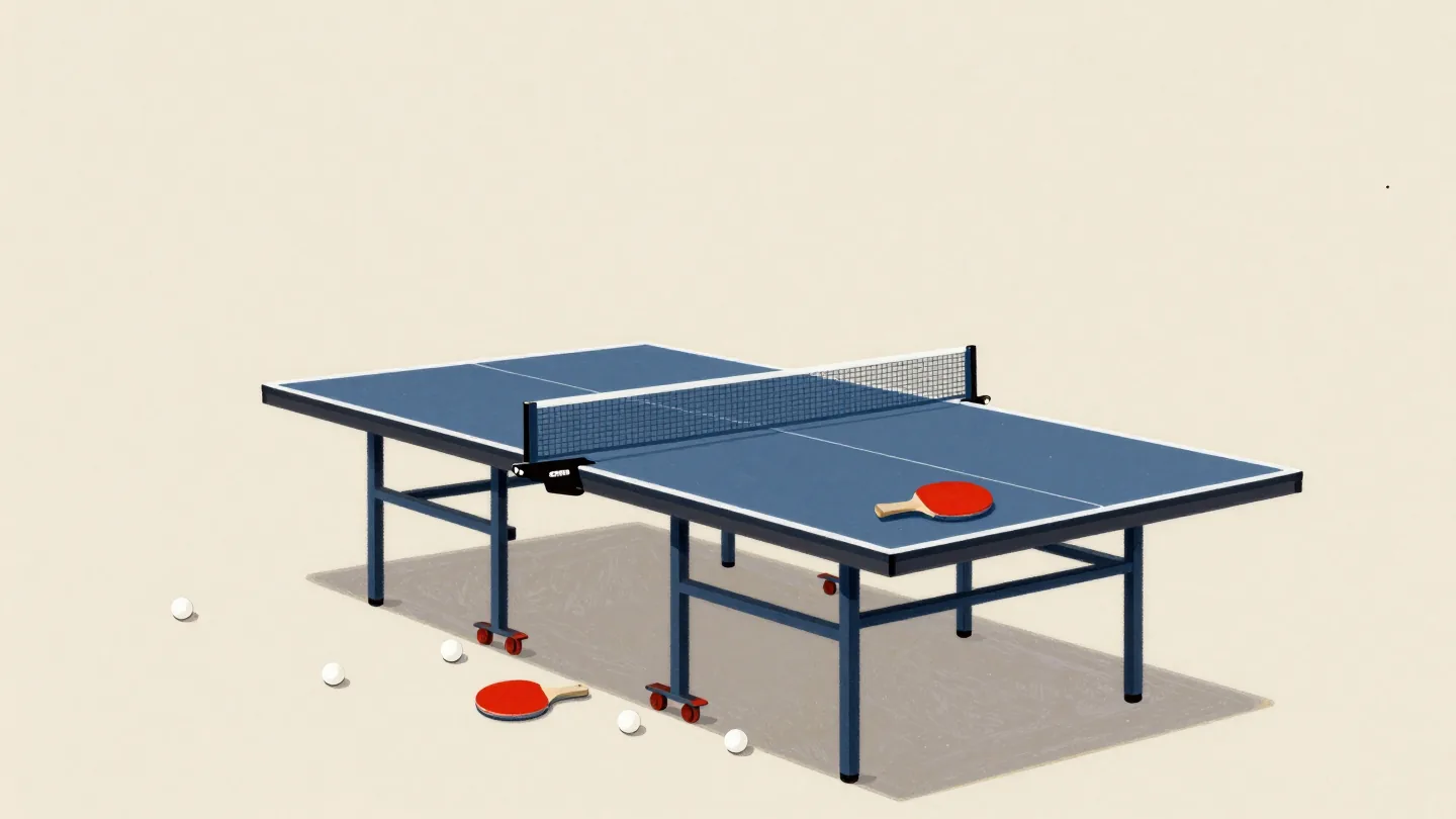 A table tennis table with dozens of balls on the floor after a long rally, a red paddle on the net