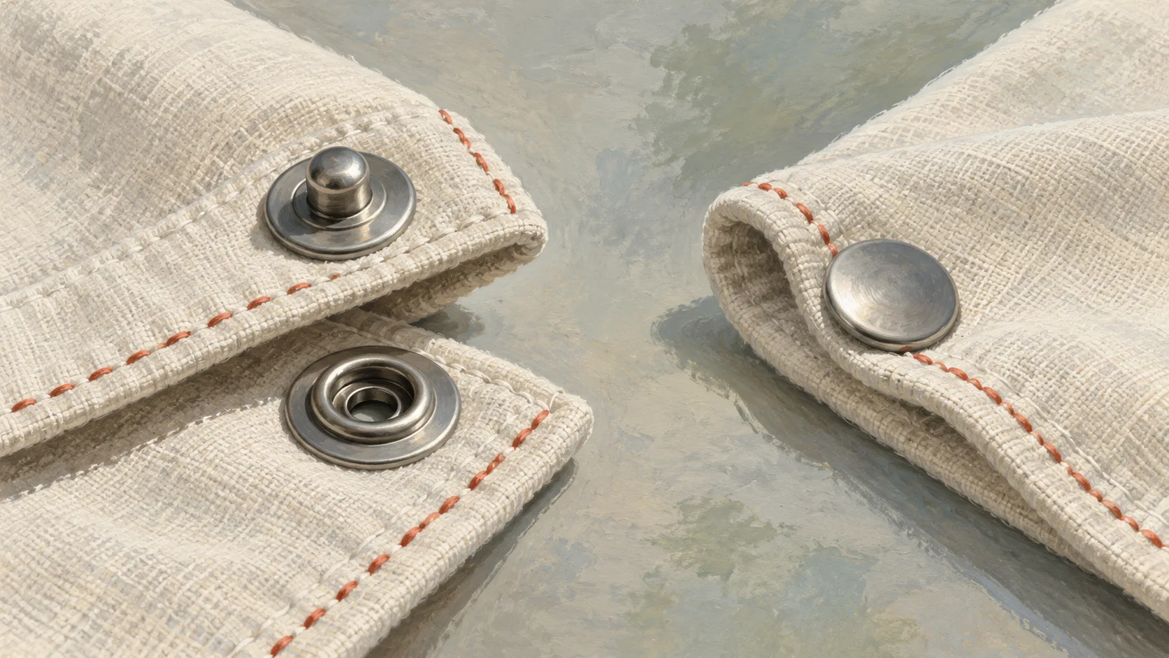 Two halves of a snap fastener join as one connection despite being presented from opposite sides