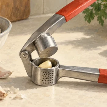 A garlic press handles one clove through its single chamber while whole garlic bulbs stay outside