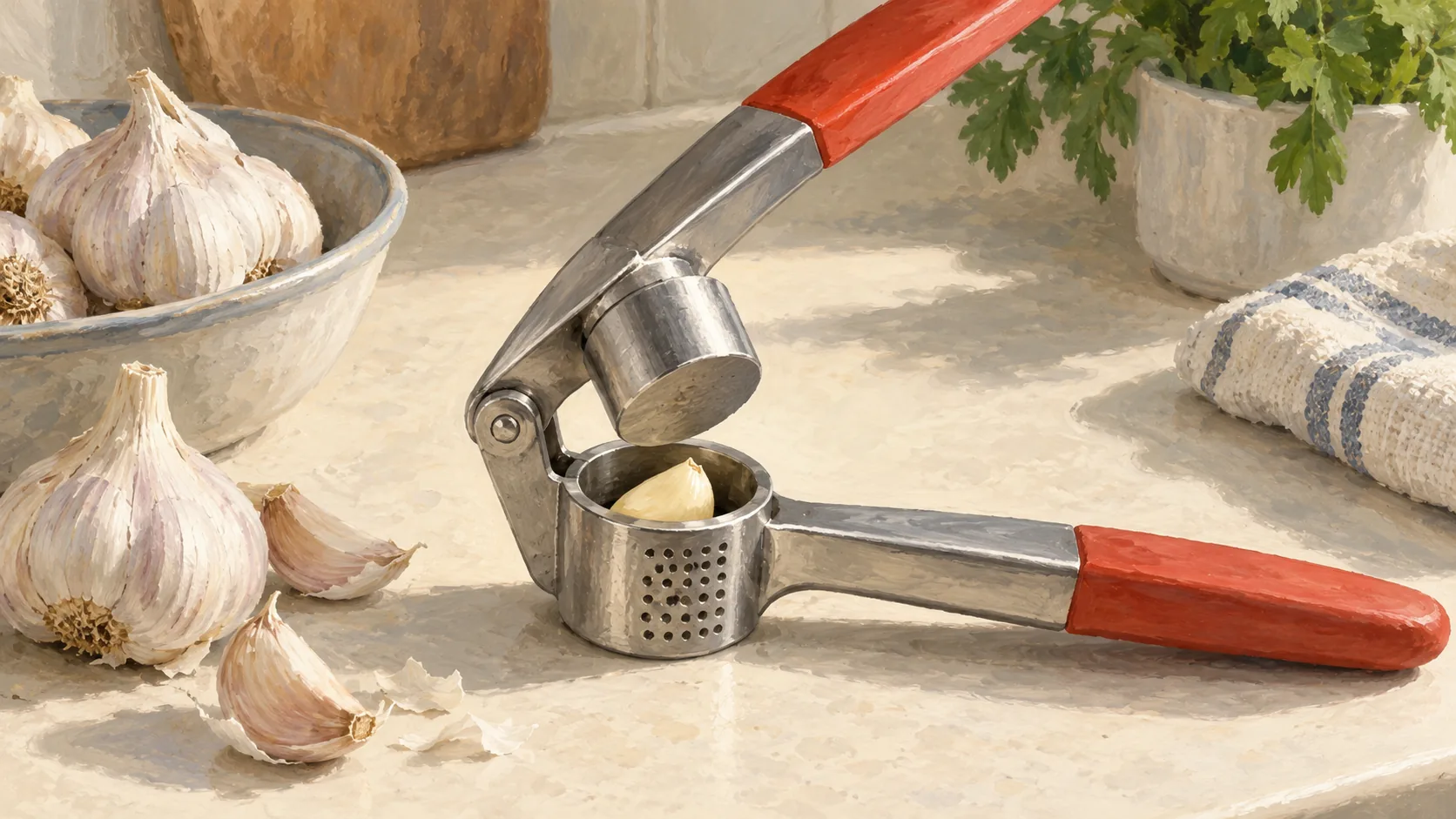 A garlic press handles one clove through its single chamber while whole garlic bulbs stay outside