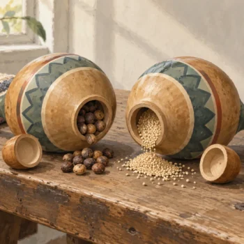 Similar maracas with different seeds visible through their open plugs