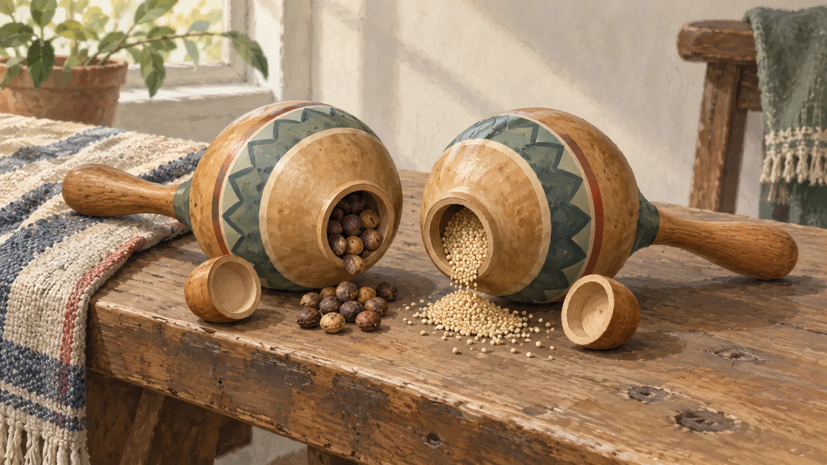 Similar maracas with different seeds visible through their open plugs